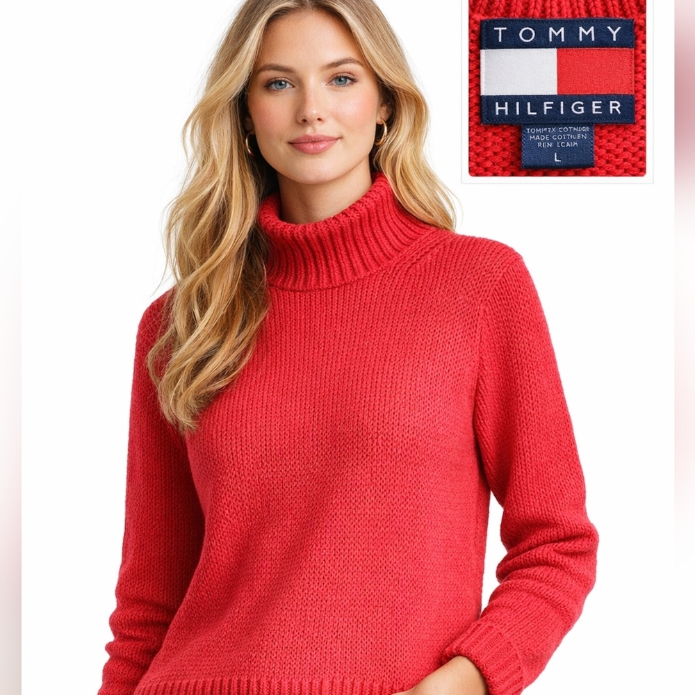 Tommy Hilfiger Red Cotton Rolled Neck Sweater L